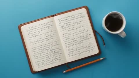 Cursive Writing in Open Notebook with Coffee Mug Creating Focused Workspace