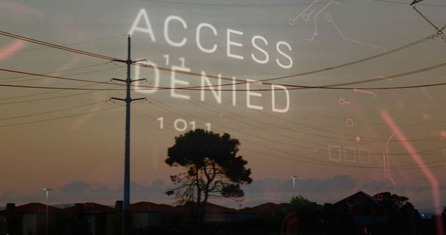 Access denied over suburban rooftops at dusk with tech overlay