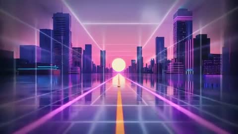 Futuristic Neon Cityscape with Vibrant Sun and Grid Corridor