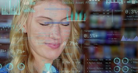 Smiling blonde woman using holographic retail analytics dashboard for finance insights