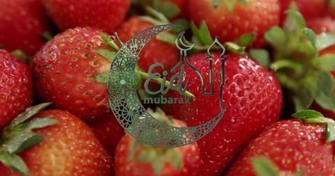 Eid Mubarak Greeting Text Overlay on Fresh Strawberries - Download Free Stock Images Pikwizard.com