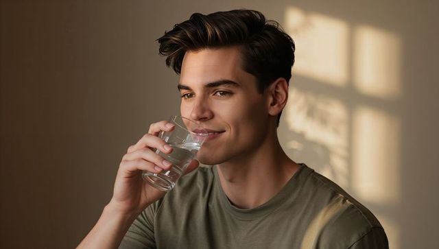 Smiling man drinking water in sunlit minimalist interior with warm window shadows