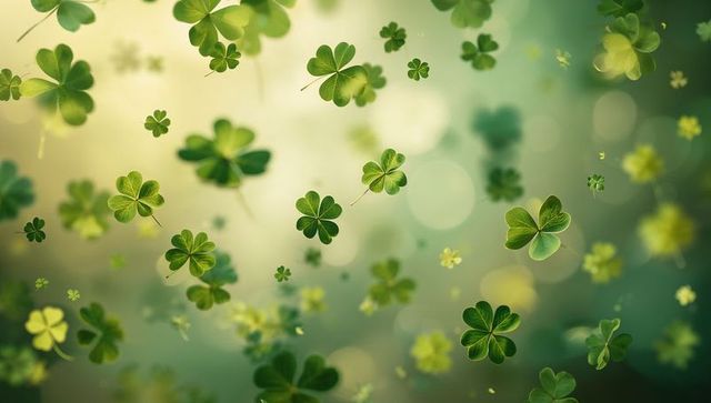 Floating clover leaves drifting in soft bokeh backlight for St Patrick's Day design