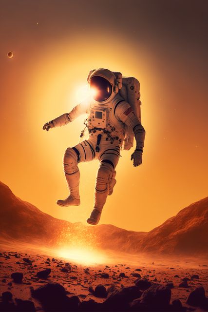 This image of an astronaut floating above the Mars surface with a glowing background can be used for space exploration articles, science fiction book covers, educational materials, or promotional content related to space missions and technology advancements.