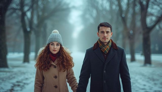 Couple Enjoying Peaceful Winter Walk in Snow-Covered Park