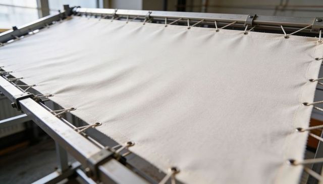 Off-white canvas stretching across metal frame with grommets and cords for textile studio