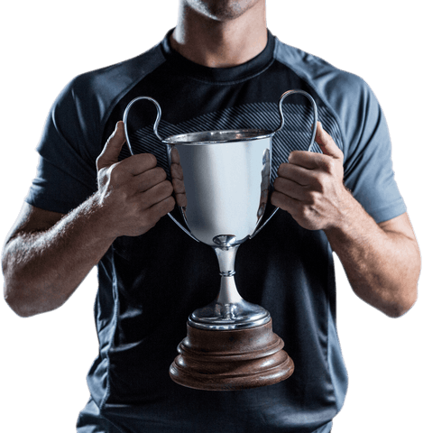 Midsection of Athlete Holding Shiny Silver Trophy on Transparent Background