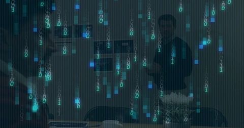 Gesturing presenter with binary code overlay in dark boardroom for team collaboration