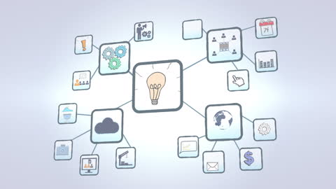 Digital Conceptual Network with Icon Connections on Grey Background