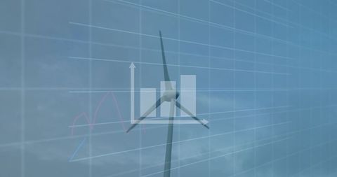 Image depicts wind turbine overlaid with data analytics graphs suggesting monitoring and optimization of renewable energy sources. Ideal for content on sustainable energy, environmental awareness, or the utilization of technology in enhancing green initiatives in blog posts, presentations, and advertisements related to eco-friendly energy solutions.