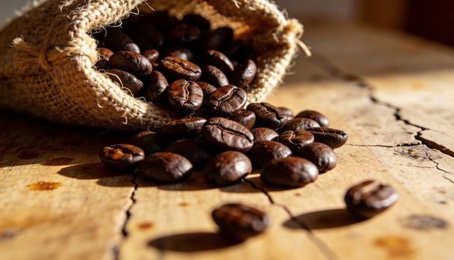 Spilling roasted coffee beans gleaming with oil on rustic burlap and cracked wooden table