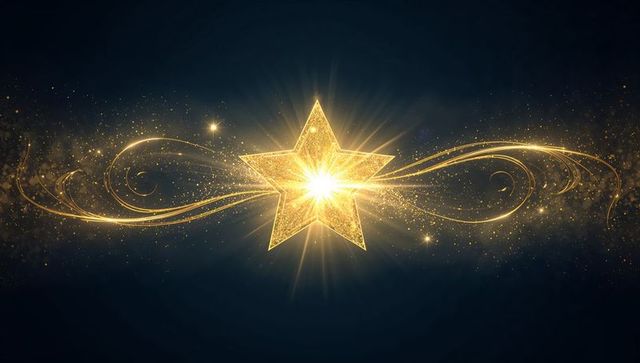 Glowing golden star emitting radiant core with swirling glitter trails on deep navy