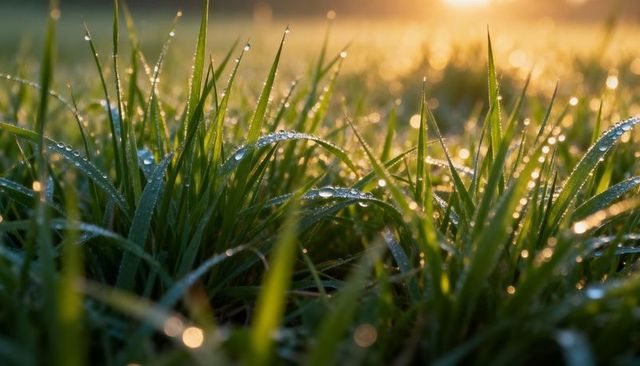 Glistening dew on grass blades at sunrise with golden bokeh and macro detail