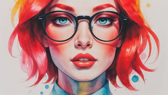 Vibrant Watercolor Portrait of Red-Haired Woman with Glasses