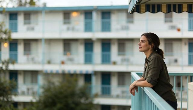 Leaning woman gazing across teal balcony at dusk overlooking midcentury motel courtyard