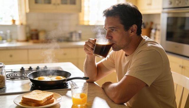 Man enjoying morning coffee at sunlit kitchen counter with fried eggs and toast