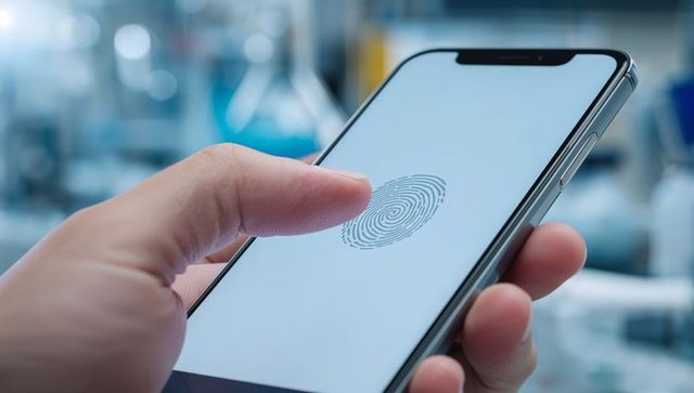 Pressing thumb authenticating smartphone fingerprint unlocking device on laboratory bench