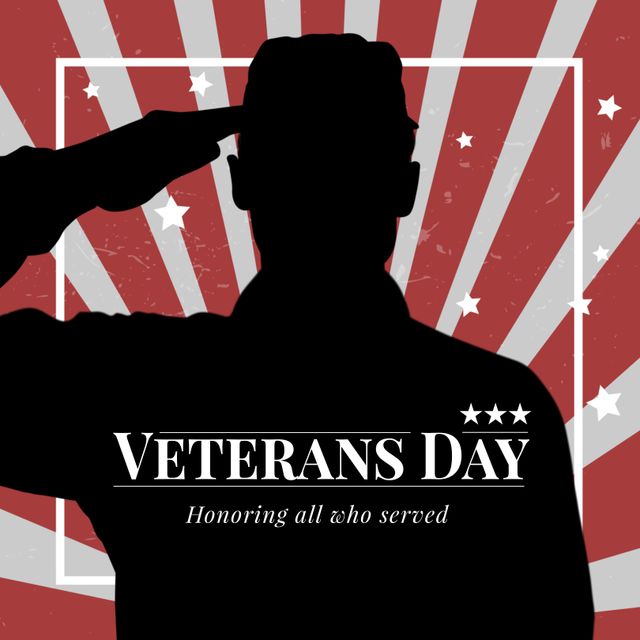Ideal for Veterans Day promotions, social media posts, and event banners to honor and celebrate those who served in the military. The strong visual impact of the soldier's silhouette against the USA flag background invokes patriotism and respect. Suitable for use by organizations, schools, and communities in creating various Veterans Day themed materials.