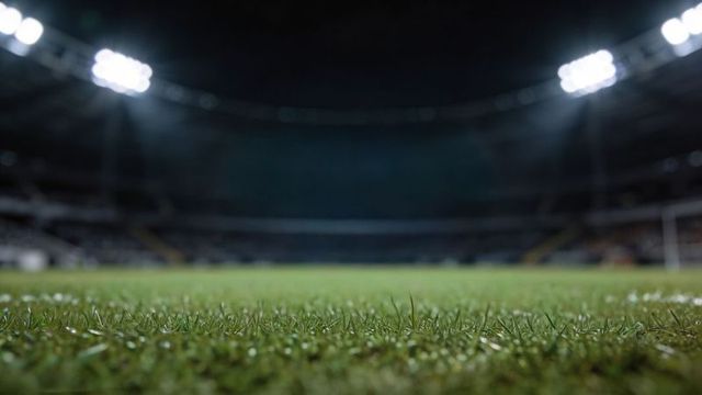 Low-angle floodlit stadium pitch focusing dewy grass foreground with distant goalpost