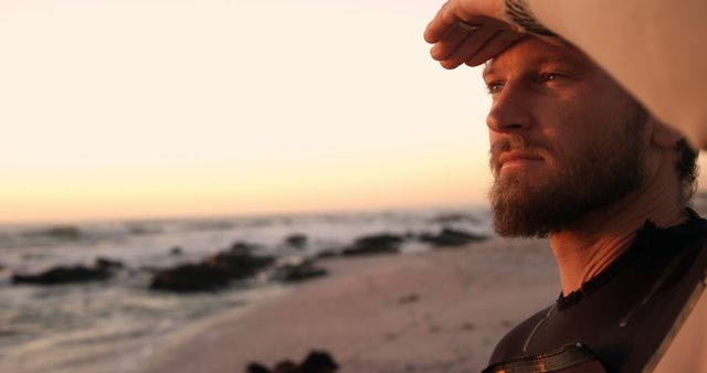 Surfer Watching Sunset on Beach - Download Free Stock Images Pikwizard.com