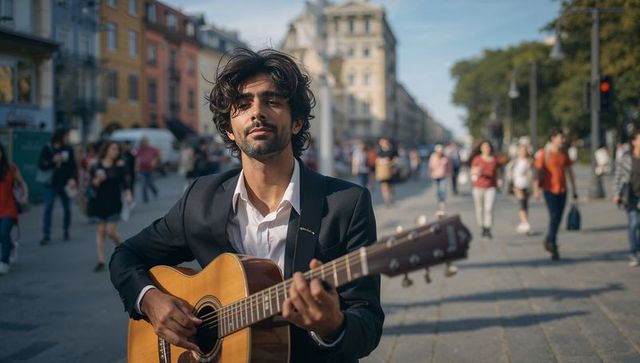 Urban busker playing acoustic guitar in crowded city plaza wearing blazer and open shirt
