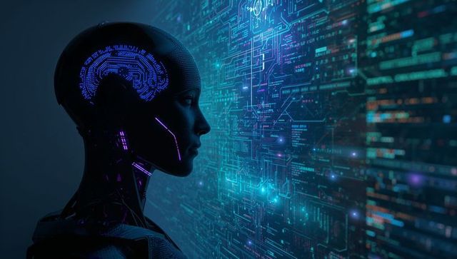 Futuristic humanoid AI interfacing with glowing neural network wall and circuit data