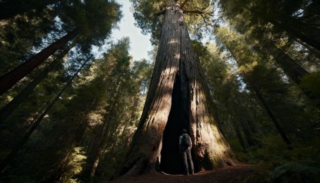 Hiker Standing Gazing into Giant Hollow Redwood Trunk beneath Towering Canopy in Sunlit Forest