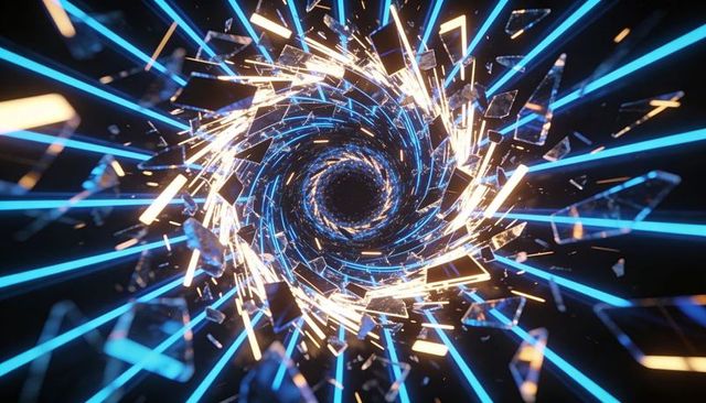 Neon Vortex Portal with Shattered Glass and Cyan Light Trails Swirling into Dark Void