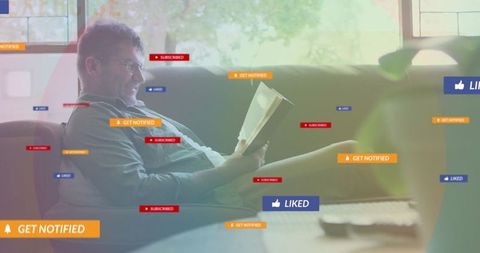 Man relaxing with book surrounded by social media notifications