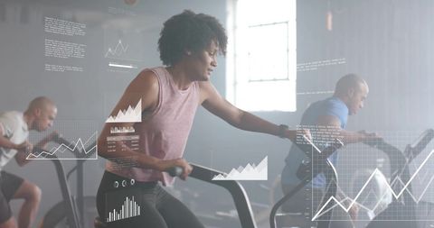 Fitness enthusiasts exercising with digital data interface