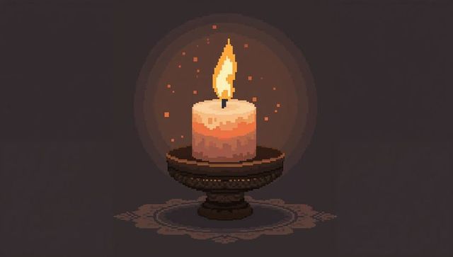 Glowing pixel art pillar candle on ornate pedestal with warm halo and table doily