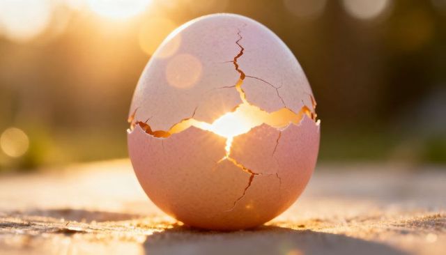 Sunlit cracked eggshell glowing with warm golden light through jagged fissures at sunrise