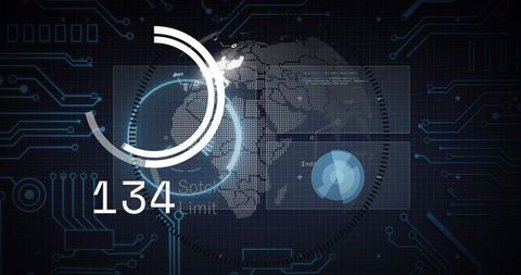 Futuristic Digital HUD Showing Dotted World Globe with Circular Radar, Analytics Overlay