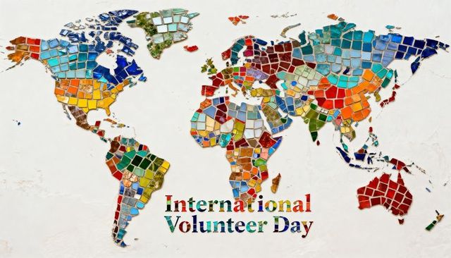 Mosaic world map celebrating international volunteer day with colorful tile grout mural