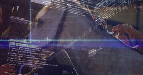 Women grooming horse with digital technology theme