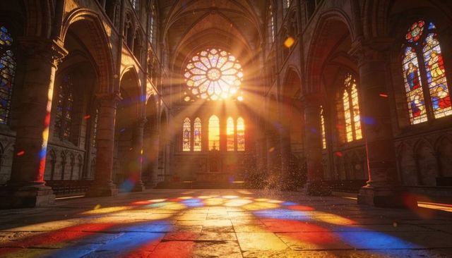 Sunlit gothic cathedral interior casting colorful stained-glass reflections from rose window