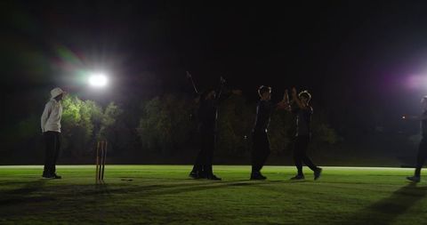 Cricket players celebrating wicket on floodlit outfield at night, teammates high-fiving
