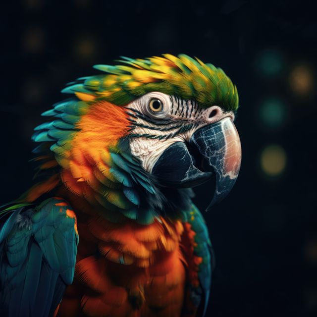 Captivating close-up of a colorful parrot with vibrant feathers contrasting against a dark background. Ideal for nature-themed publications, wildlife blogs, and educational materials about exotic birds and tropical wildlife.
