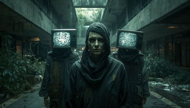 Hooded Figure Leading CRT Monitor-Wearing Followers in Abandoned Corridor