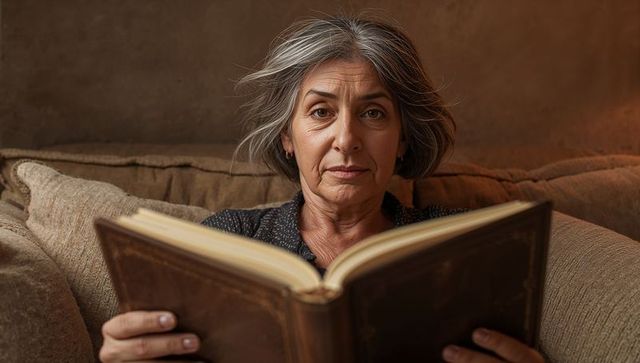 Silver-haired senior woman reading vintage book on cozy sofa, contemplative expression