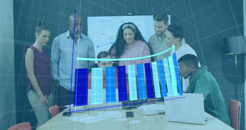 Financial Data Animation with Diverse Team in Modern Office