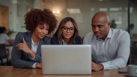 Diverse team collaborating over laptop and analyzing data in modern office meeting