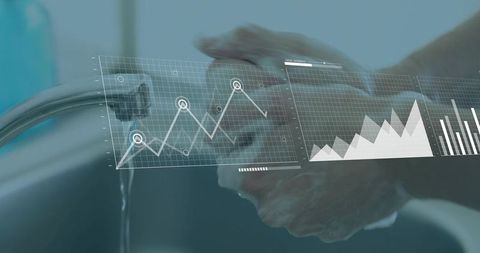 Washing hands with soap lather and digital hygiene metrics overlay for health