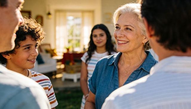 Smiling senior woman chatting with multigenerational family on sunlit porch, warm connection