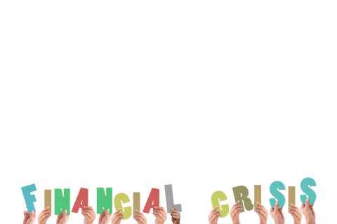 Transparent hands holding financial crisis message