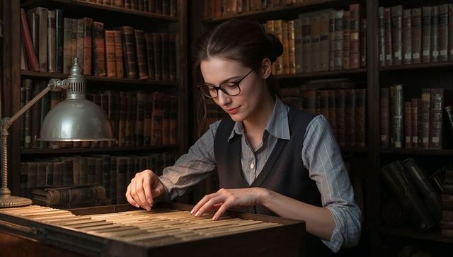 Archivist Exploring Card Catalog in Vintage Library with Desk Lamp and Antique Books