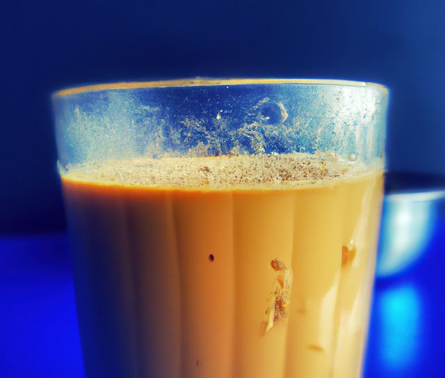 This vibrant close-up shows a traditional masala tea in a glass, with a distinct, aromatic look. The deep blue background contrasts with the warm and inviting color of the tea, creating a visually appealing and culturally rich scene. Ideal for use in blog posts or articles about traditional Indian beverages, cozy and comforting drinks, or lifestyle illustrations. Perfect for use in marketing materials targeting tea lovers or promoting destressing activities and warm beverages.
