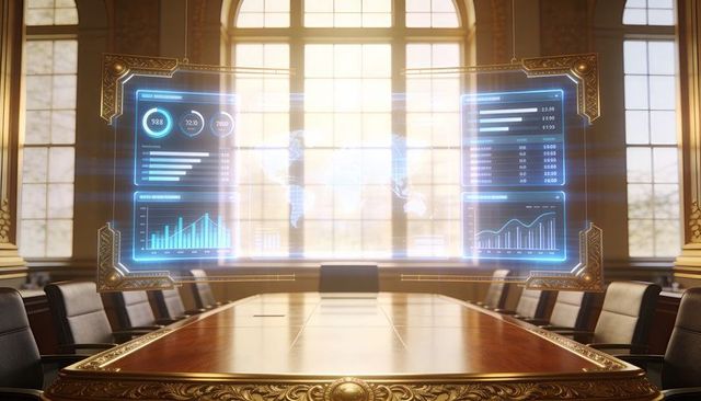 Floating holographic interface hovering over gilded conference table in opulent boardroom