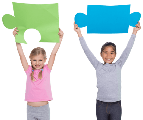 Diverse girls holding colorful puzzle pieces on transparent background