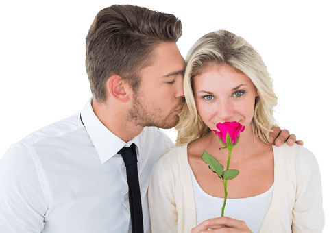 Man Kissing Girlfriend's Cheek Holding Red Rose on Transparent Background